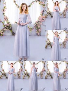 Fashion Grey Empire Off The Shoulder Half Sleeves Tulle Floor Length Side Zipper Lace and Belt Quinceanera Dama Dress