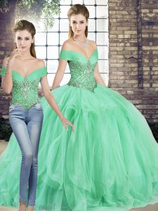 Chic Apple Green Two Pieces Tulle Off The Shoulder Sleeveless Beading and Ruffles Floor Length Lace Up Sweet 16 Dresses