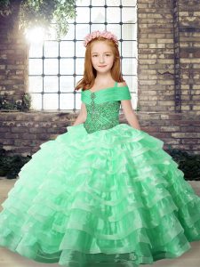 Top Selling Sleeveless Floor Length Beading and Ruffled Layers Lace Up Kids Pageant Dress with Apple Green