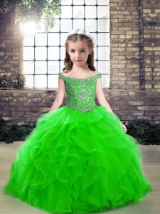 Latest Green Off The Shoulder Lace Up Beading Pageant Gowns For Girls Sleeveless