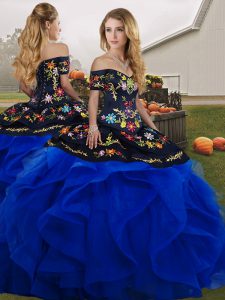 Fabulous Blue And Black Lace Up Quinceanera Dress Embroidery and Ruffles Sleeveless Floor Length