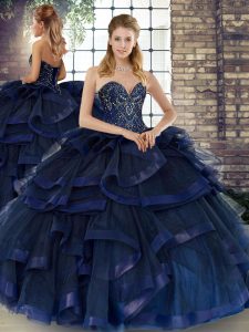 Popular Sleeveless Tulle Floor Length Lace Up Sweet 16 Dresses in Navy Blue with Beading and Ruffles