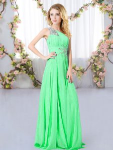 Green Empire One Shoulder Sleeveless Chiffon Floor Length Zipper Beading Vestidos de Damas