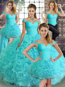Exquisite Off The Shoulder Sleeveless Sweet 16 Quinceanera Dress Floor Length Beading Aqua Blue Fabric With Rolling Flowers