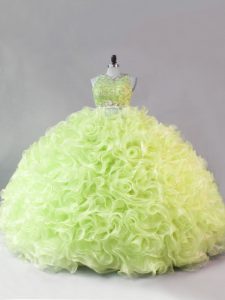 Sleeveless Fabric With Rolling Flowers Floor Length Zipper Quince Ball Gowns in Yellow Green with Beading and Ruffles
