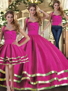 Fuchsia Lace Up Halter Top Ruffled Layers Quinceanera Gown Tulle Sleeveless