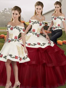 Glittering Brush Train Three Pieces Quinceanera Dress Wine Red Off The Shoulder Tulle Sleeveless Lace Up