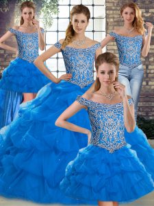 Traditional Blue Ball Gowns Off The Shoulder Sleeveless Tulle Brush Train Lace Up Beading and Pick Ups Sweet 16 Dresses