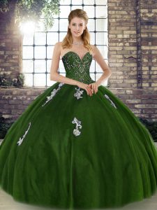 Comfortable Beading and Appliques Quince Ball Gowns Olive Green Lace Up Sleeveless Floor Length