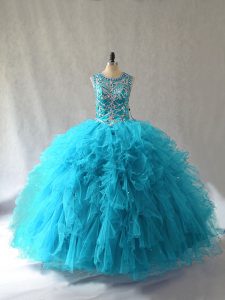 Baby Blue Scoop Lace Up Beading and Ruffles Sweet 16 Dresses Sleeveless