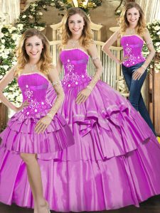 Fancy Lilac Sleeveless Floor Length Beading and Ruffled Layers Lace Up Ball Gown Prom Dress
