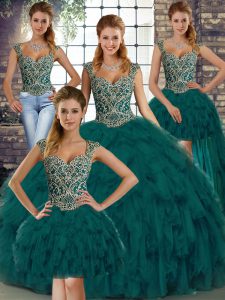 Peacock Green Ball Gowns Straps Sleeveless Organza Floor Length Lace Up Beading and Ruffles Ball Gown Prom Dress