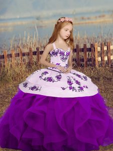 Top Selling Purple Ball Gowns Straps Sleeveless Embroidery and Ruffles Floor Length Lace Up Little Girl Pageant Dress
