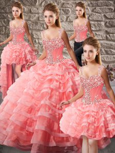 Great Watermelon Red Lace Up Straps Beading and Ruffled Layers Vestidos de Quinceanera Organza Sleeveless Court Train