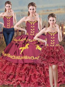 Excellent Burgundy Sweetheart Lace Up Embroidery and Ruffles Quinceanera Dresses Brush Train Sleeveless