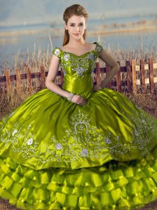 Fancy Sleeveless Satin and Organza Floor Length Lace Up Sweet 16 Dress in Olive Green with Embroidery and Ruffled Layers