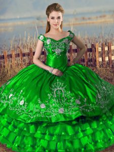 Satin Off The Shoulder Sleeveless Lace Up Embroidery and Ruffled Layers Quince Ball Gowns in Green