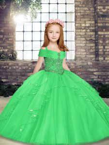 Straps Sleeveless Kids Formal Wear Floor Length Beading Green Tulle