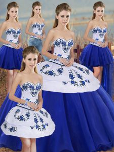 Royal Blue Vestidos de Quinceanera Military Ball and Sweet 16 and Quinceanera with Embroidery and Bowknot Sweetheart Sleeveless Lace Up