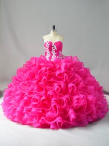 Hot Pink Ball Gowns Appliques and Ruffles Sweet 16 Dresses Lace Up Organza Sleeveless