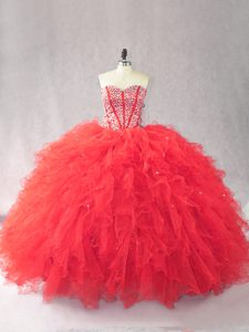 Red Tulle Lace Up Sweet 16 Dress Sleeveless Floor Length Beading and Ruffles