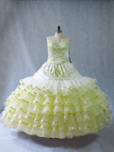 Sumptuous Organza Sweetheart Sleeveless Embroidery and Ruffled Layers 15th Birthday Dress in Yellow Green