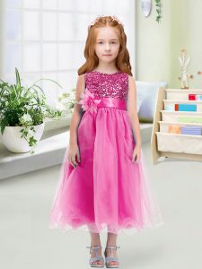 Exquisite Rose Pink Scoop Zipper Sequins and Hand Made Flower Girls Pageant Dresses Sleeveless