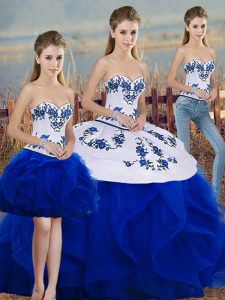 New Style Royal Blue Tulle Lace Up Sweetheart Sleeveless Floor Length Sweet 16 Quinceanera Dress Embroidery and Ruffles and Bowknot