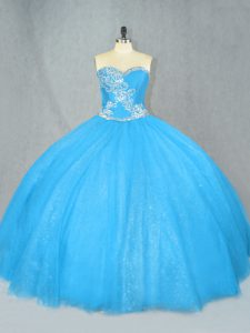 Custom Designed Blue Tulle Lace Up Sweetheart Sleeveless Floor Length Quinceanera Gowns Beading