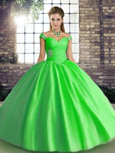 Graceful Floor Length Green Quince Ball Gowns Tulle Sleeveless Beading