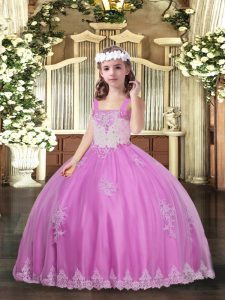 Lilac Straps Neckline Appliques Little Girls Pageant Dress Wholesale Sleeveless Lace Up