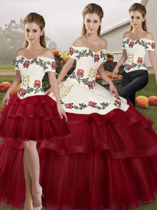 Wine Red Sweet 16 Quinceanera Dress Tulle Brush Train Sleeveless Embroidery and Ruffled Layers