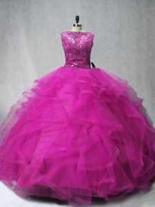 Fuchsia Lace Up 15th Birthday Dress Beading and Ruffles Sleeveless Brush Train