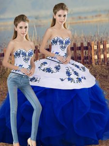 Colorful Royal Blue Sweetheart Neckline Embroidery and Ruffles and Bowknot Quince Ball Gowns Sleeveless Lace Up