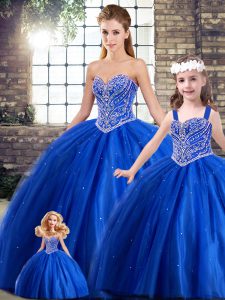 Blue Tulle Lace Up Sweetheart Sleeveless Ball Gown Prom Dress Brush Train Beading