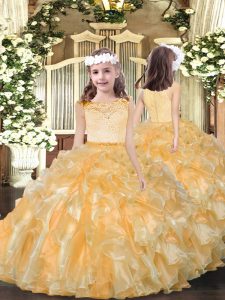 Hot Selling Gold Sleeveless Beading and Ruffles Floor Length Little Girls Pageant Gowns