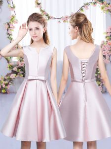 A-line Quinceanera Court Dresses Baby Pink V-neck Satin Sleeveless Mini Length Lace Up