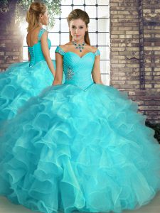 Sleeveless Organza Floor Length Lace Up Vestidos de Quinceanera in Aqua Blue with Beading and Ruffles