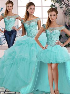 Designer Aqua Blue Lace Up Off The Shoulder Beading and Ruffles Military Ball Dresses Tulle Sleeveless
