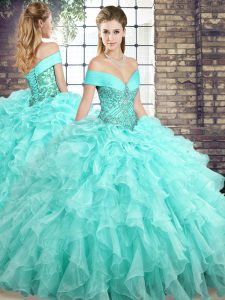 Simple Aqua Blue Ball Gowns Off The Shoulder Sleeveless Organza Brush Train Lace Up Beading and Ruffles Sweet 16 Dresses