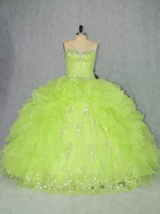 On Sale Yellow Green Sweetheart Lace Up Beading and Ruffles Quince Ball Gowns Sleeveless