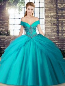 Popular Teal Quinceanera Gowns Off The Shoulder Sleeveless Brush Train Lace Up