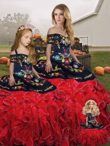 Custom Designed Floor Length Lace Up Quinceanera Gown Red And Black for Military Ball and Sweet 16 and Quinceanera with Embroidery and Ruffles
