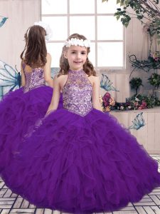 Affordable Purple Ball Gowns Beading and Ruffles Kids Formal Wear Lace Up Tulle Sleeveless Floor Length