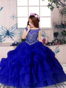 Attractive Royal Blue Zipper Scoop Beading and Pick Ups Kids Pageant Dress Organza Sleeveless