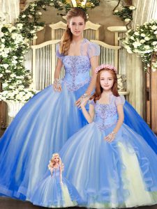 Blue Ball Gowns Beading and Ruffles 15 Quinceanera Dress Lace Up Tulle Sleeveless Floor Length