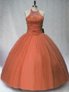 Sleeveless Tulle Floor Length Lace Up Quinceanera Dresses in Brown with Beading