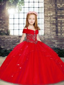 Cute Floor Length Lace Up Pageant Gowns For Girls Red for Party and Sweet 16 and Wedding Party with Beading
