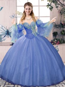 Blue Tulle Lace Up Sweetheart Sleeveless Floor Length Ball Gown Prom Dress Beading