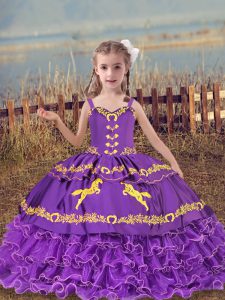 Dramatic Lavender Sleeveless Beading and Embroidery and Ruffled Layers Floor Length Kids Pageant Dress